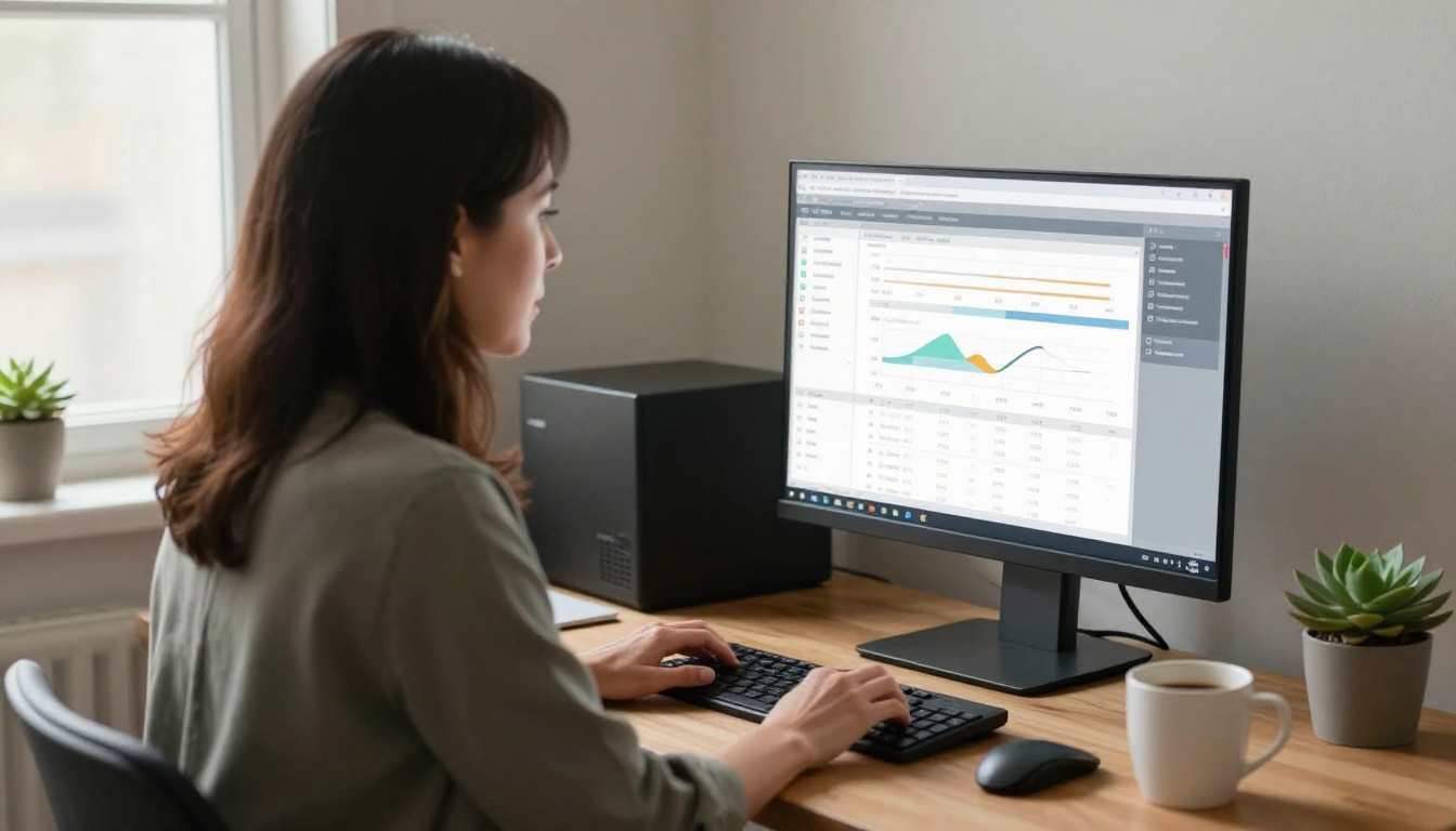 A small business owner reviewing video analytics on a desktop monitor A small business owner reviewing video analytics on a desktop monitor