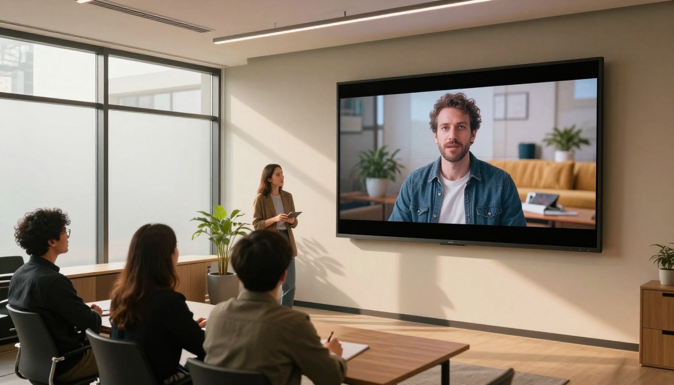 A creative director presenting AI-generated video content to a small team in a modern meeting room A creative director presenting AI-generated video content to a small team in a modern meeting room