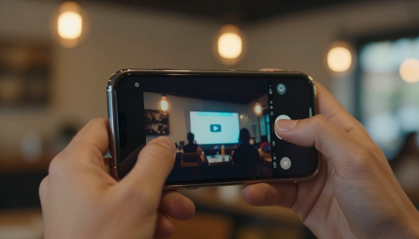 A smartphone held vertically showing a YouTube Shorts video mid-playback in a café A smartphone held vertically showing a YouTube Shorts video mid-playback in a café