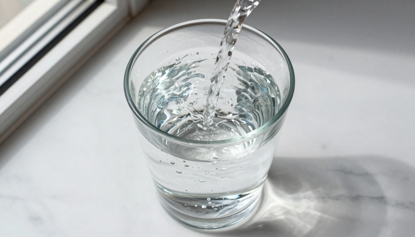 Overhead shot of water being poured into a glass with hyper-realistic surface tension and splashing physics Overhead shot of water being poured into a glass with hyper-realistic surface tension and splashing physics