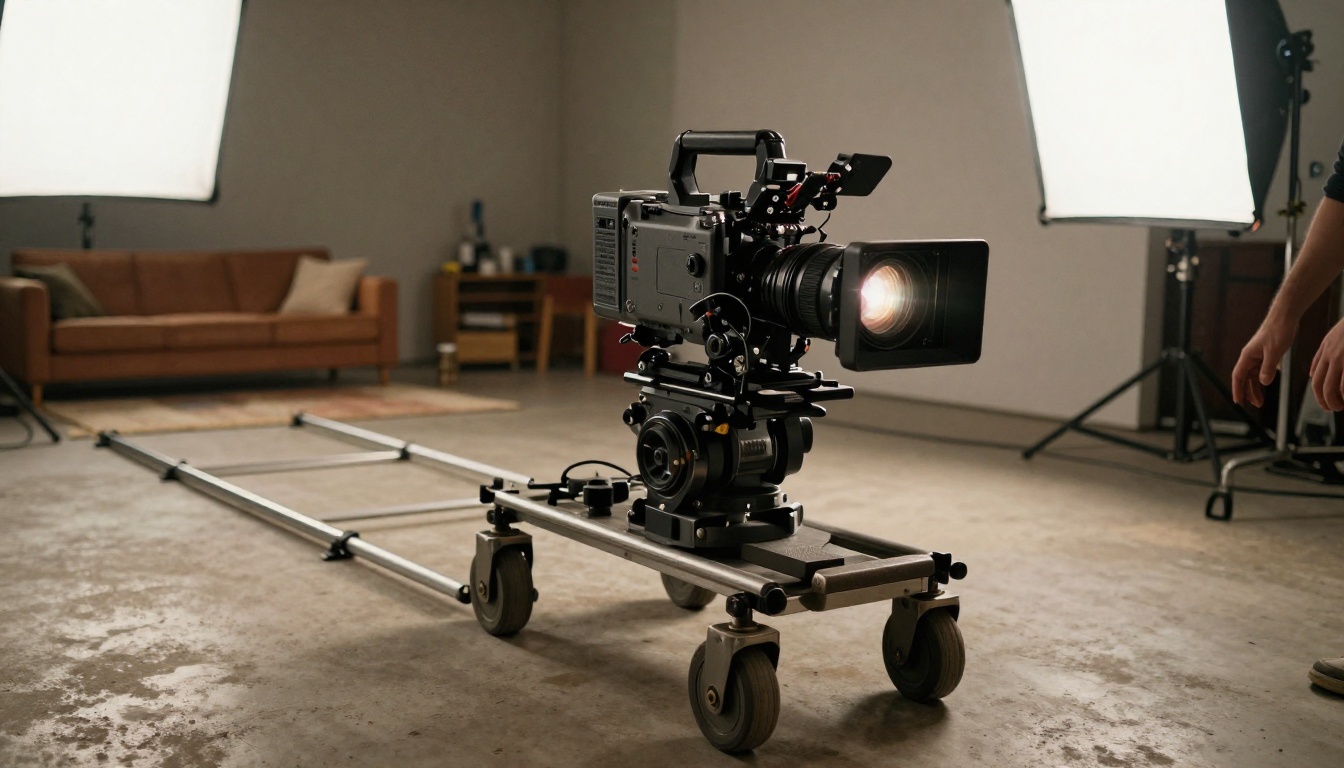 Professional cinema camera on motorized dolly rail being operated by a cinematographer in a studio Professional cinema camera on motorized dolly rail being operated by a cinematographer in a studio