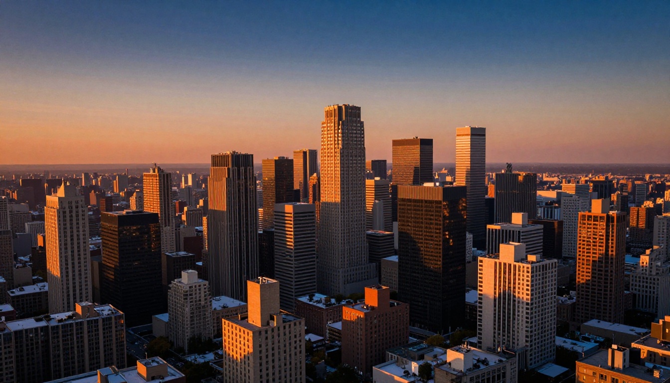 A cinematic aerial drone shot of a city at golden hour with warm amber and cobalt tones A cinematic aerial drone shot of a city at golden hour with warm amber and cobalt tones