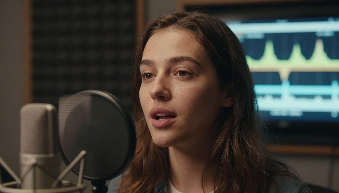 Young woman speaking into a studio microphone with audio waveform visualization on monitor behind her Young woman speaking into a studio microphone with audio waveform visualization on monitor behind her