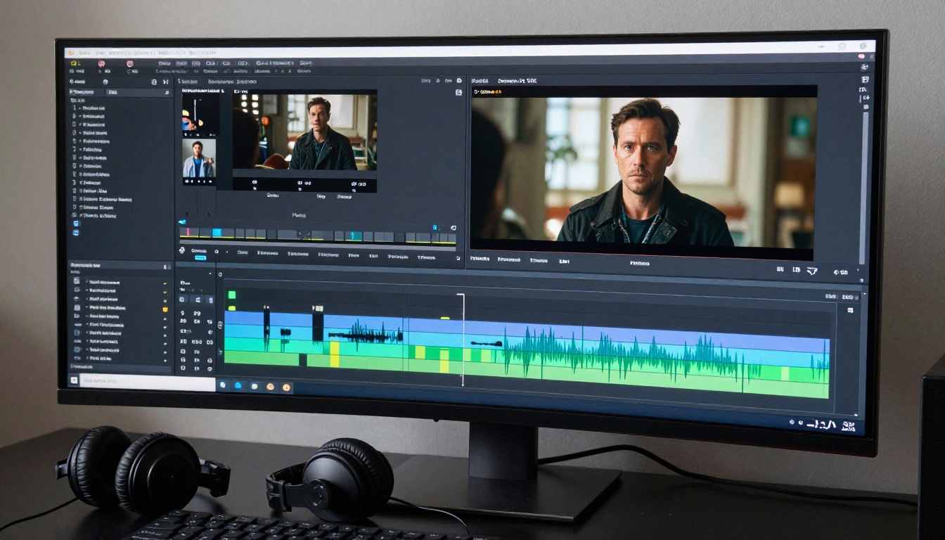 A professional video editing timeline on a curved 4K monitor with studio headphones beside it A professional video editing timeline on a curved 4K monitor with studio headphones beside it