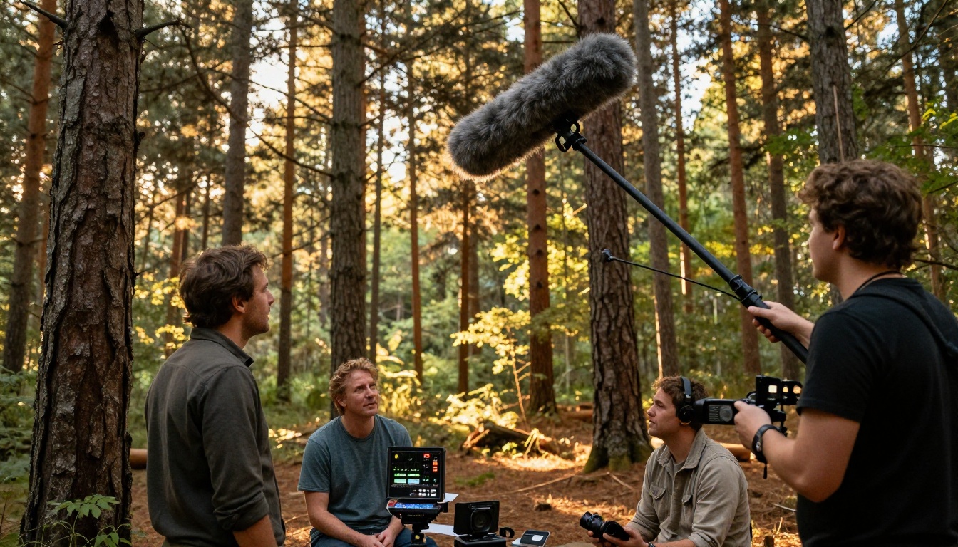 Film production crew capturing location audio with boom microphone at golden hour Film production crew capturing location audio with boom microphone at golden hour