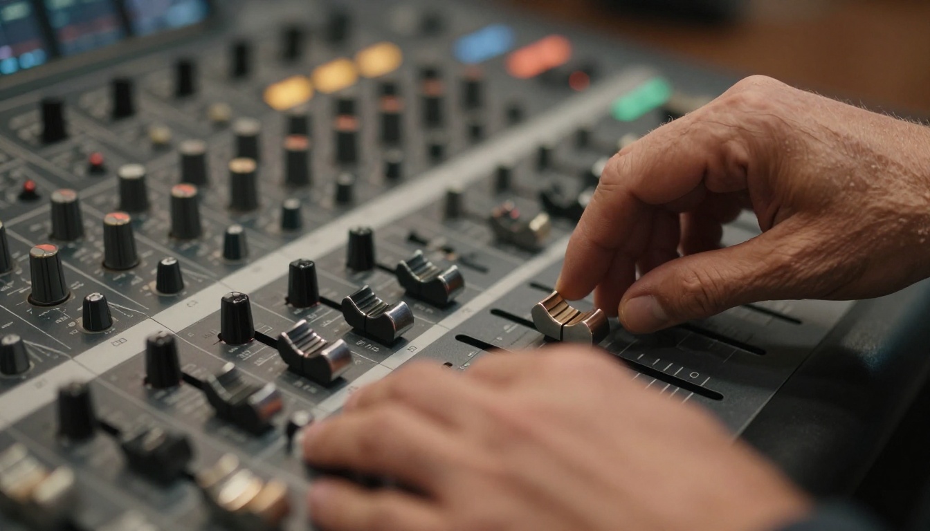 Close-up of professional mixing console faders being adjusted by experienced hands Close-up of professional mixing console faders being adjusted by experienced hands