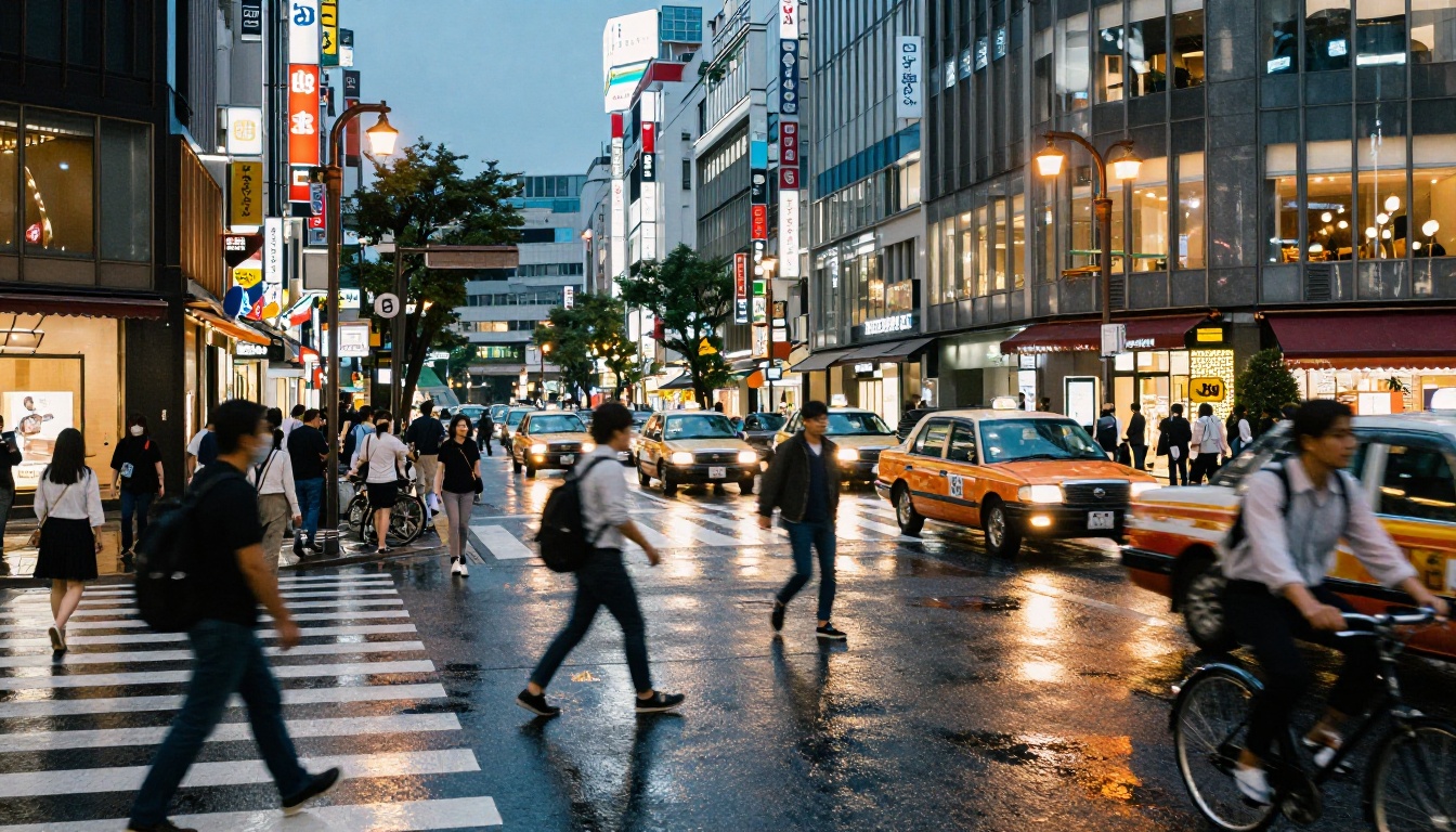 Wide shot of busy Tokyo intersection at dusk with pedestrians and wet asphalt reflecting neon signs Wide shot of busy Tokyo intersection at dusk with pedestrians and wet asphalt reflecting neon signs