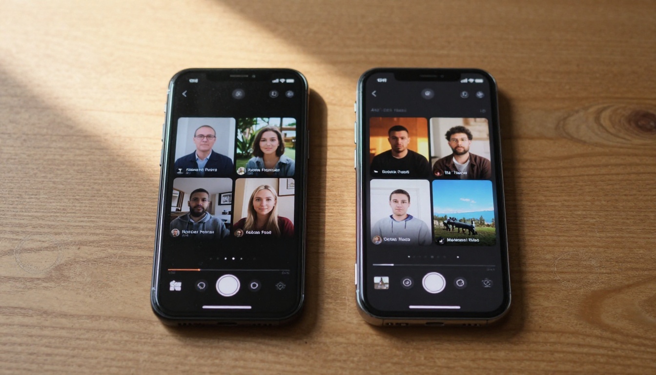 Two smartphones side by side displaying AI video generation interfaces on a raw oak table Two smartphones side by side displaying AI video generation interfaces on a raw oak table
