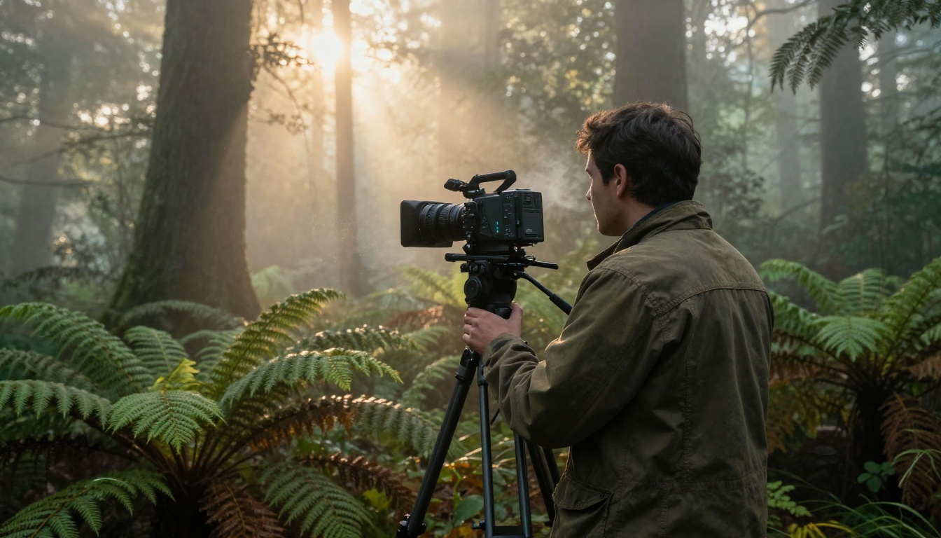 Videographer at dawn in a misty forest with professional cinema camera on tripod Videographer at dawn in a misty forest with professional cinema camera on tripod