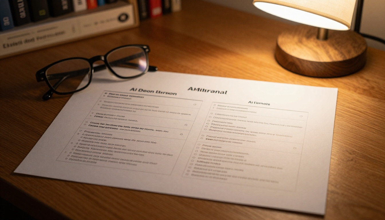 Comparison chart of AI video platform specifications laid on a wooden desk under warm lamp light Comparison chart of AI video platform specifications laid on a wooden desk under warm lamp light