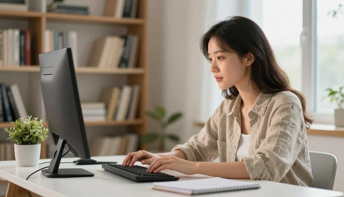 Creative professional woman reviewing video clips at a sunlit desk Creative professional woman reviewing video clips at a sunlit desk