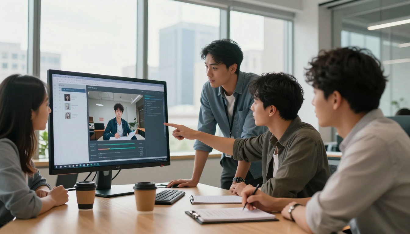 Marketing team reviewing AI-generated video content on a large screen Marketing team reviewing AI-generated video content on a large screen