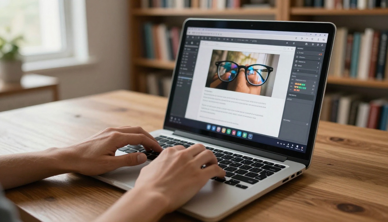 Person typing a detailed AI video generation prompt on a laptop with home office bookshelves in background Person typing a detailed AI video generation prompt on a laptop with home office bookshelves in background