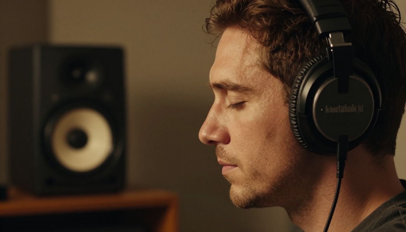 A man in a side profile wearing studio headphones, eyes closed, reviewing AI audio in a warm-lit studio A man in a side profile wearing studio headphones, eyes closed, reviewing AI audio in a warm-lit studio