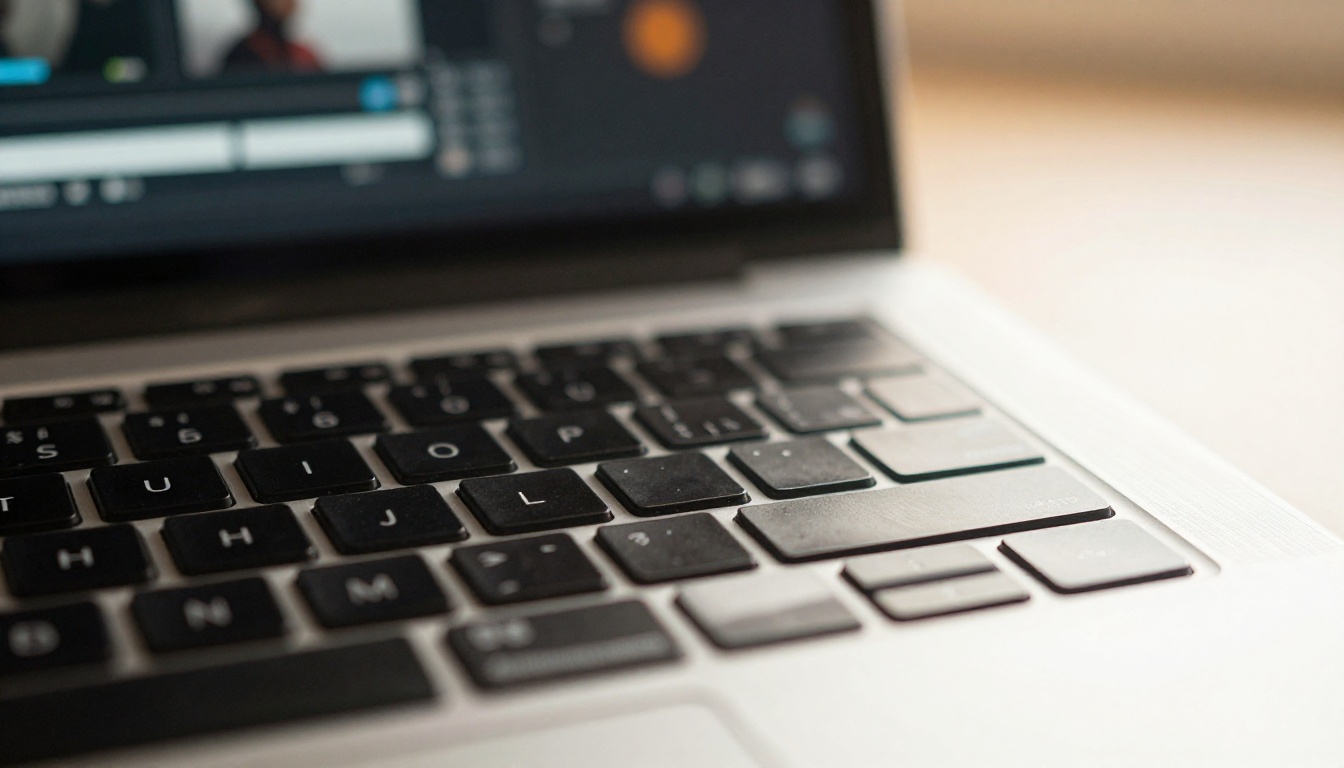 Close-up of a laptop keyboard with a 4K video editing timeline visible on the blurred screen behind Close-up of a laptop keyboard with a 4K video editing timeline visible on the blurred screen behind