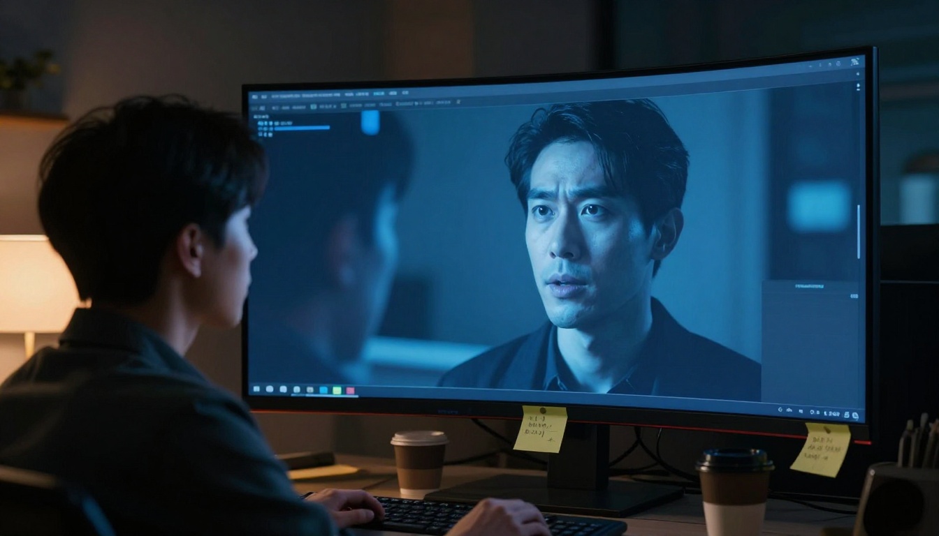 Creative director reviewing AI video footage on a curved monitor in a dark office at night Creative director reviewing AI video footage on a curved monitor in a dark office at night