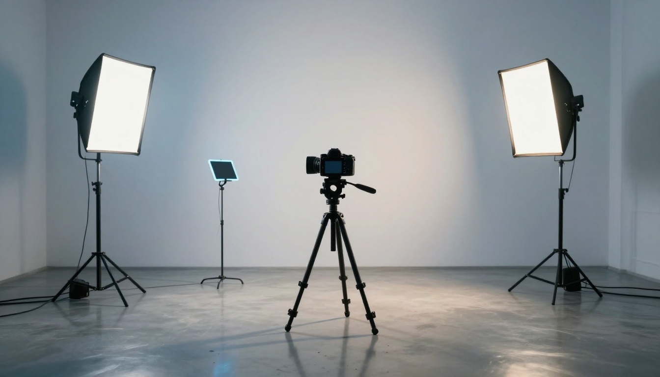A content creator in a professional studio with LED lights and a camera on tripod A content creator in a professional studio with LED lights and a camera on tripod