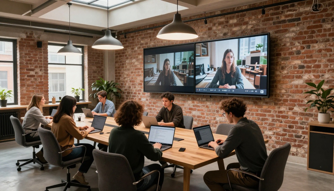 Creatives gathered around a conference table with a split-screen video comparison on the wall Creatives gathered around a conference table with a split-screen video comparison on the wall
