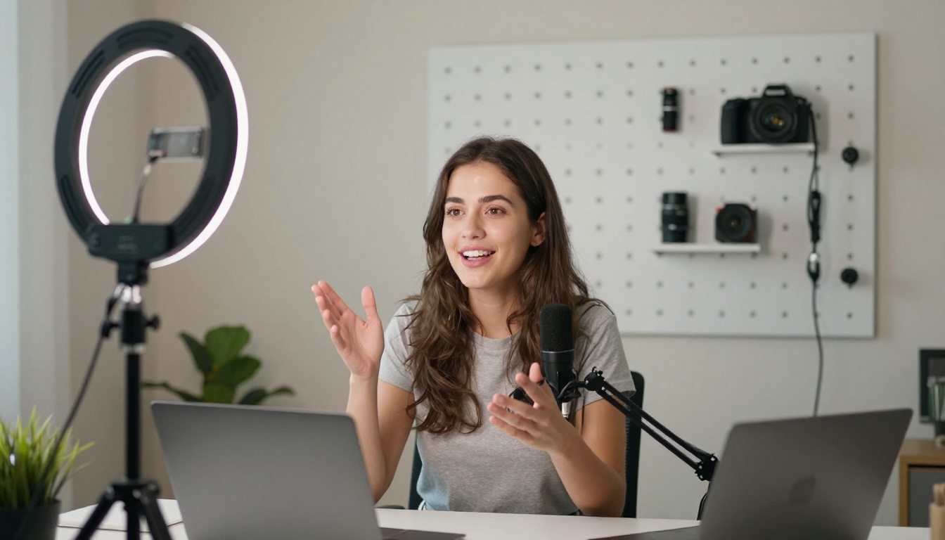 Content creator at a home studio recording video with professional lighting and microphone Content creator at a home studio recording video with professional lighting and microphone