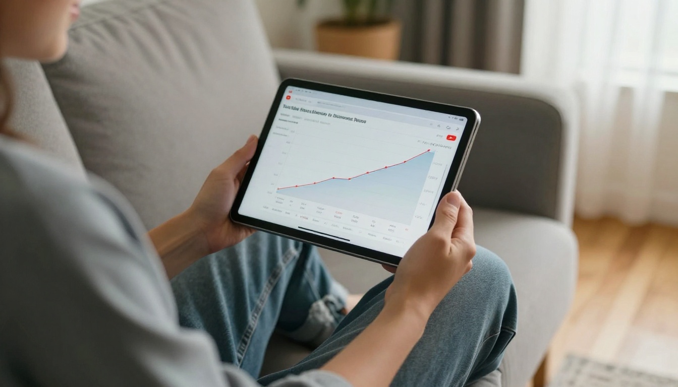 A person reviewing YouTube Shorts analytics on a tablet, showing a sharp view spike on the graph A person reviewing YouTube Shorts analytics on a tablet, showing a sharp view spike on the graph