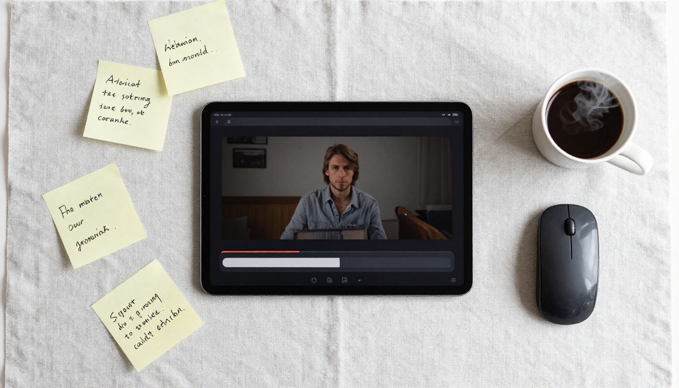 Aerial flatlay of a tablet with video generation progress bar, coffee, and sticky notes on a linen desk mat Aerial flatlay of a tablet with video generation progress bar, coffee, and sticky notes on a linen desk mat