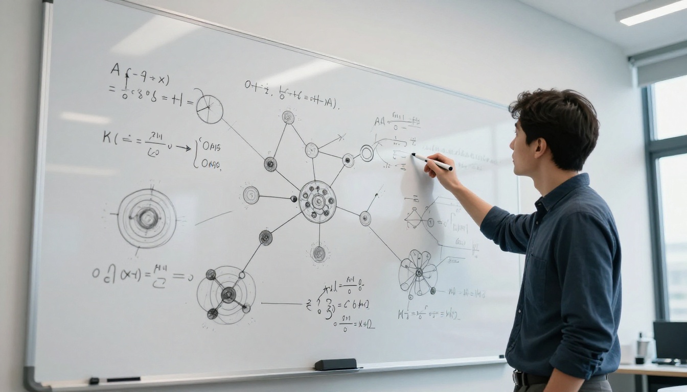 Researcher analyzing neural network architecture sketched on whiteboard Researcher analyzing neural network architecture sketched on whiteboard