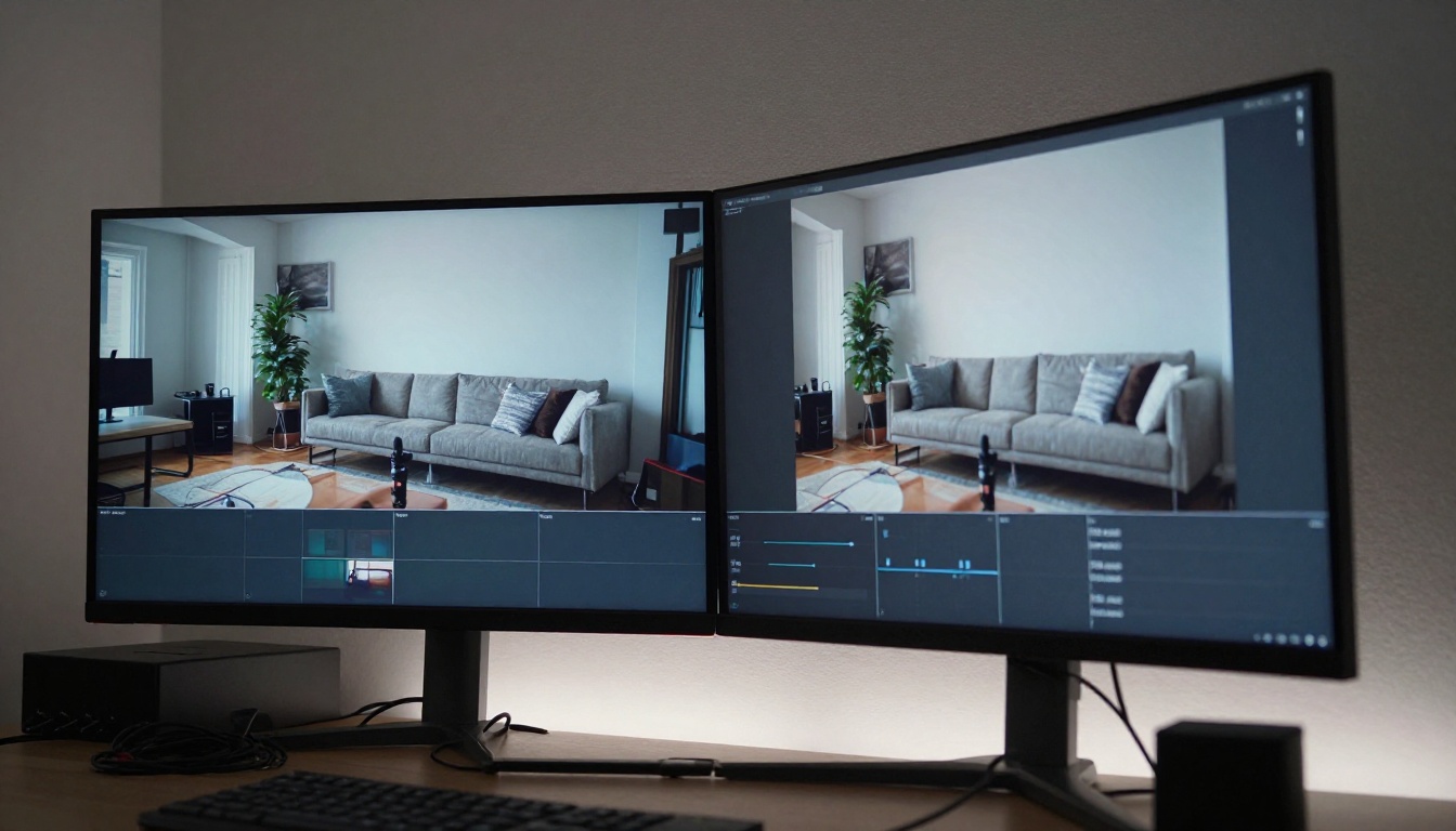 Low-angle view of a curved ultrawide monitor showing a split-screen video comparison in a dark home studio Low-angle view of a curved ultrawide monitor showing a split-screen video comparison in a dark home studio