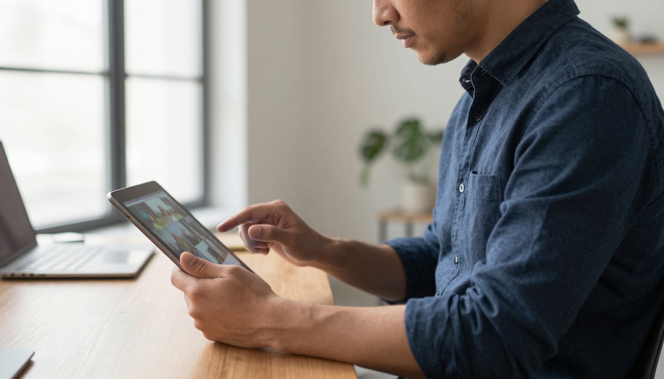 Man in his thirties at a standing desk swiping through generated video thumbnails on a tablet Man in his thirties at a standing desk swiping through generated video thumbnails on a tablet
