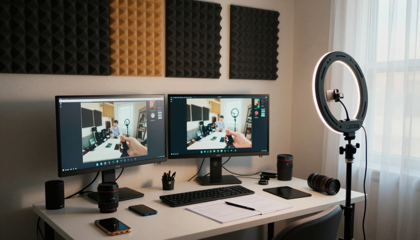 Social media content creator at home recording setup with two monitors showing video drafts at different quality stages Social media content creator at home recording setup with two monitors showing video drafts at different quality stages