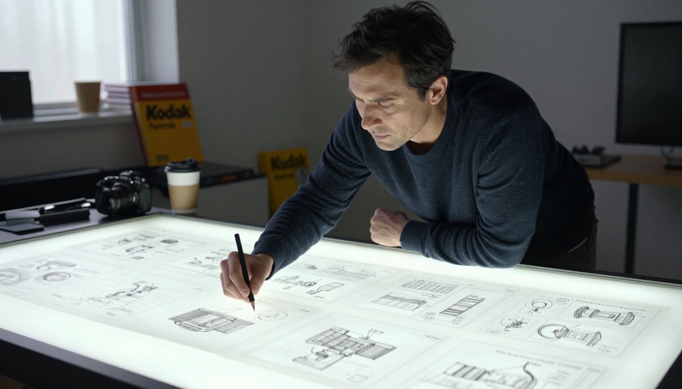 Filmmaker examining detailed storyboard sketches on a light table