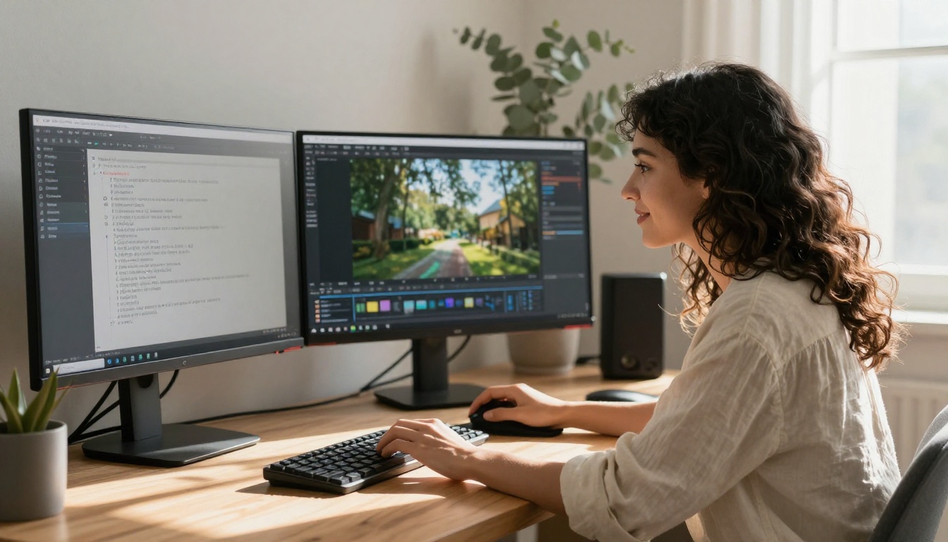 Young woman at dual monitors reviewing AI video generation prompts and results