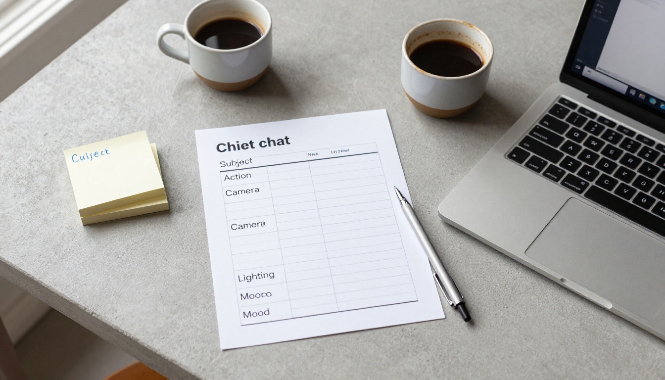 Overhead flat lay of a prompt cheat sheet with structured categories on a concrete desk