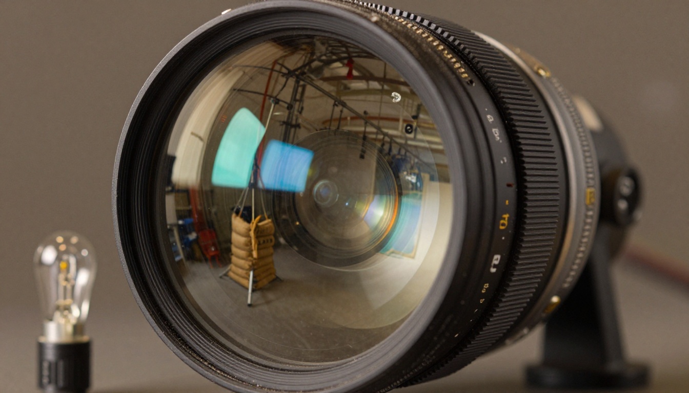 Anamorphic cinema lens closeup with oval lens flares and split tungsten and LED lighting