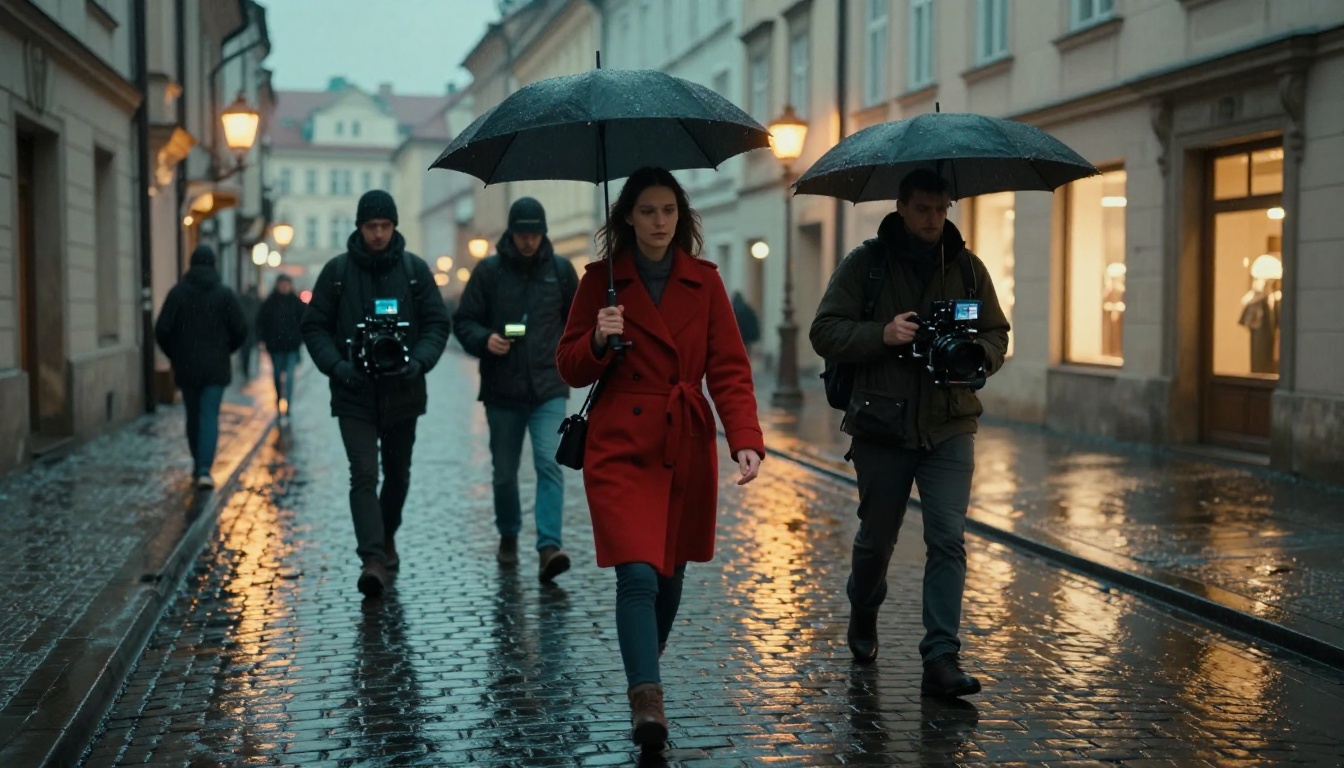 Film crew with gimbal stabilizer following subject in red coat on wet cobblestone Prague street