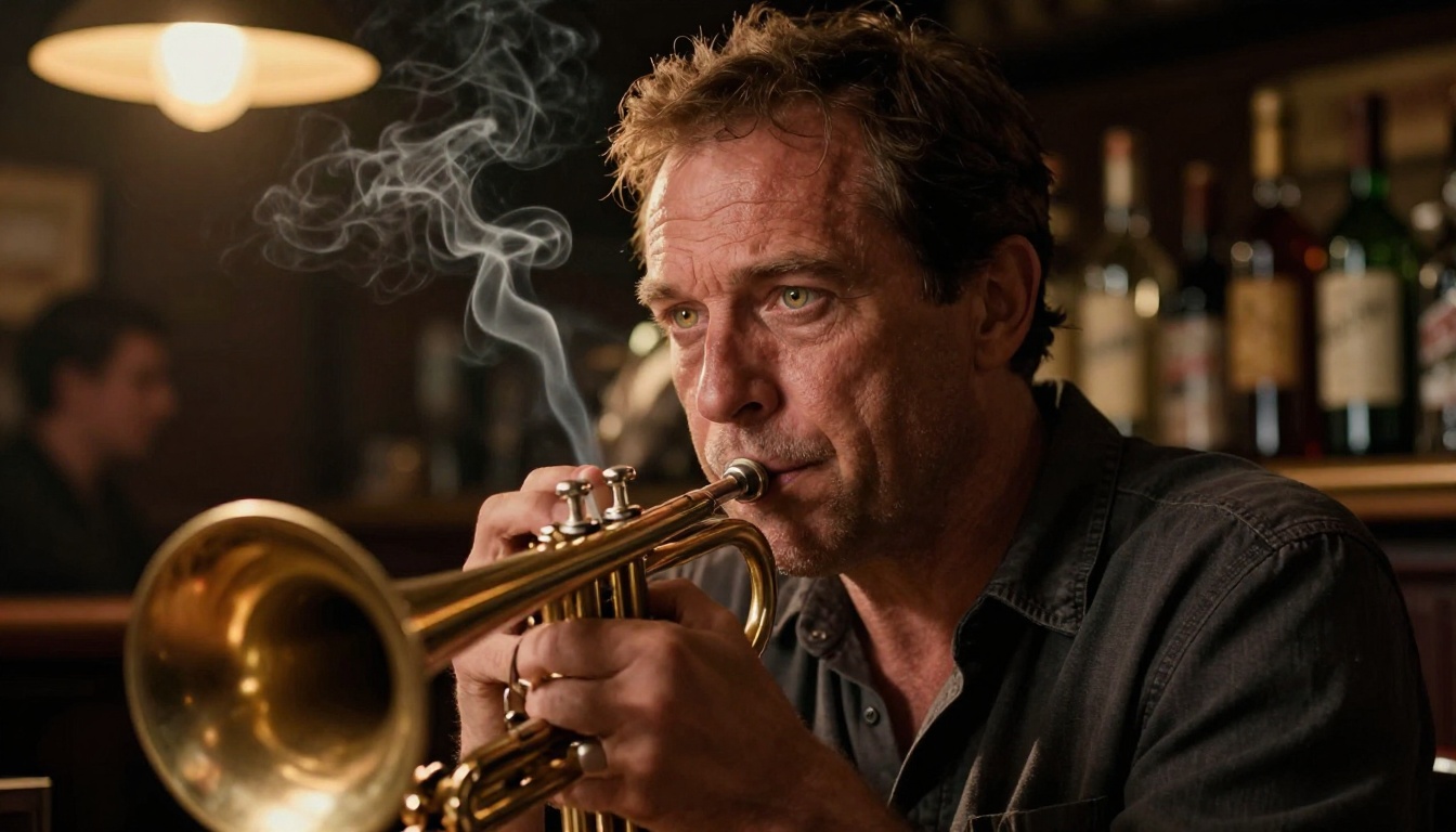 Slow dolly push-in toward weathered face in jazz bar with single-source Rembrandt lamp lighting