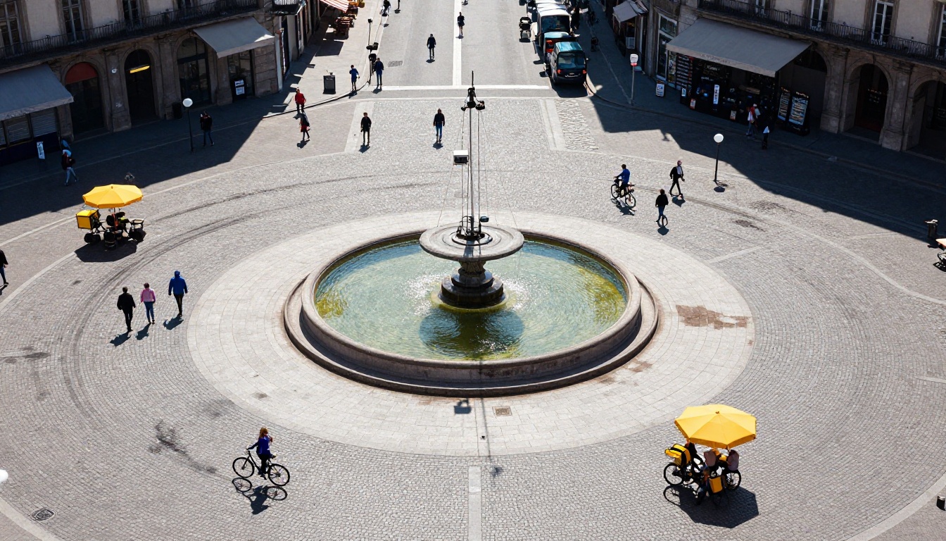 Aerial crane perspective looking straight down on European plaza with ochre vendor umbrella and geometric fountain
