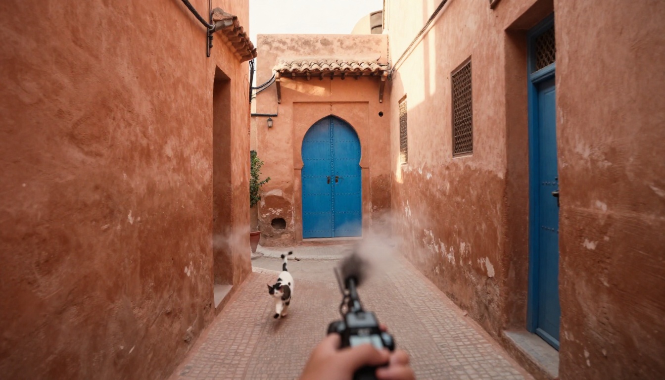 Handheld POV shot running through narrow Moroccan medina alley at dawn with peripheral motion blur