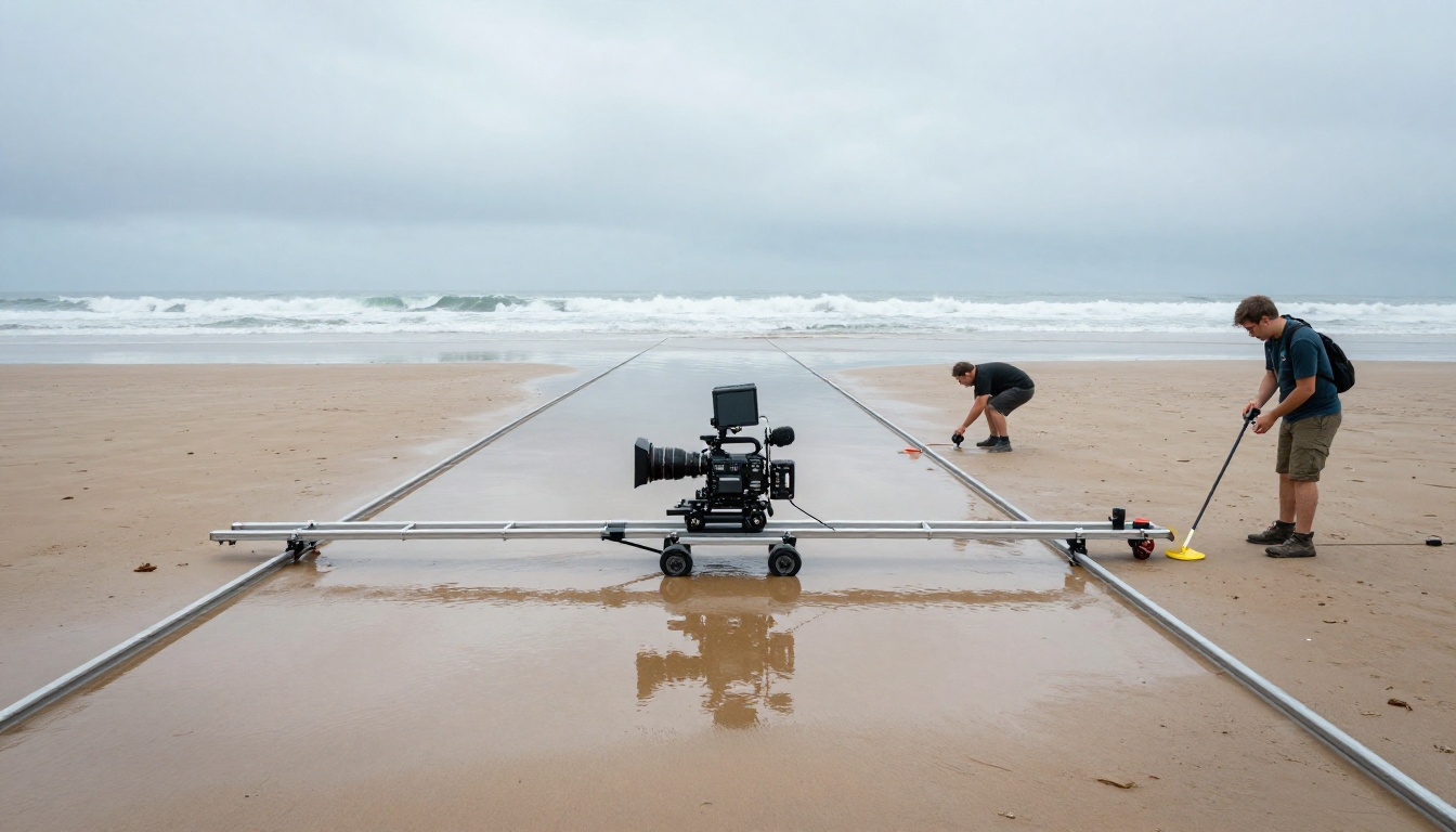 Professional dolly track setup on Atlantic beach at low tide with RED Dragon camera body at low angle