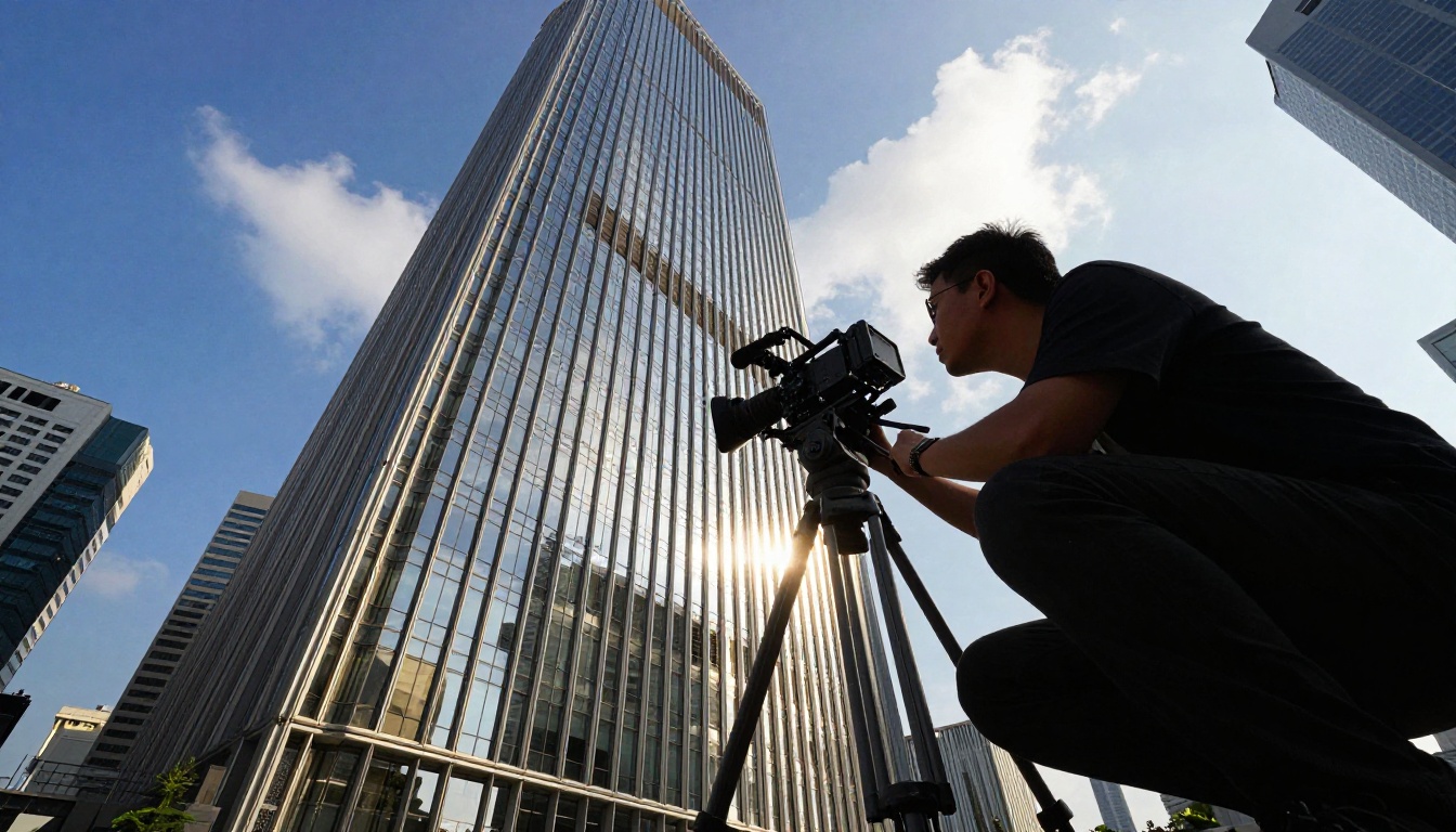 Cinematographer crouching to frame vertical tilt shot toward Singapore skyscraper glass facade