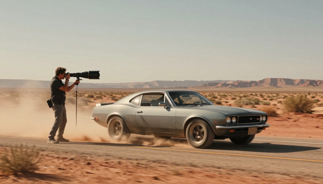 Camera pan shot capturing racing car with motion-blur landscape streak across Utah desert highway at golden hour