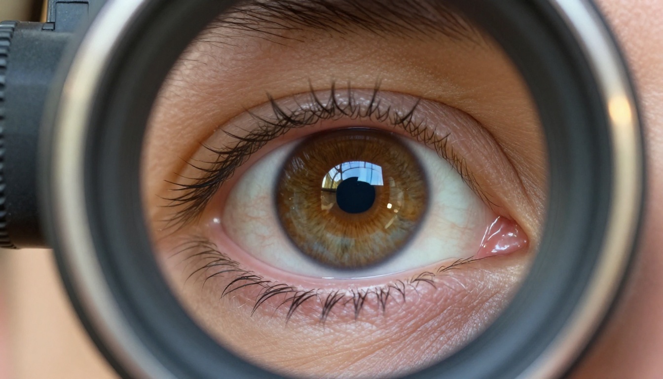 Camera operator's eye pressed against rubber cinema viewfinder eyecup showing hazel iris detail and specular highlights