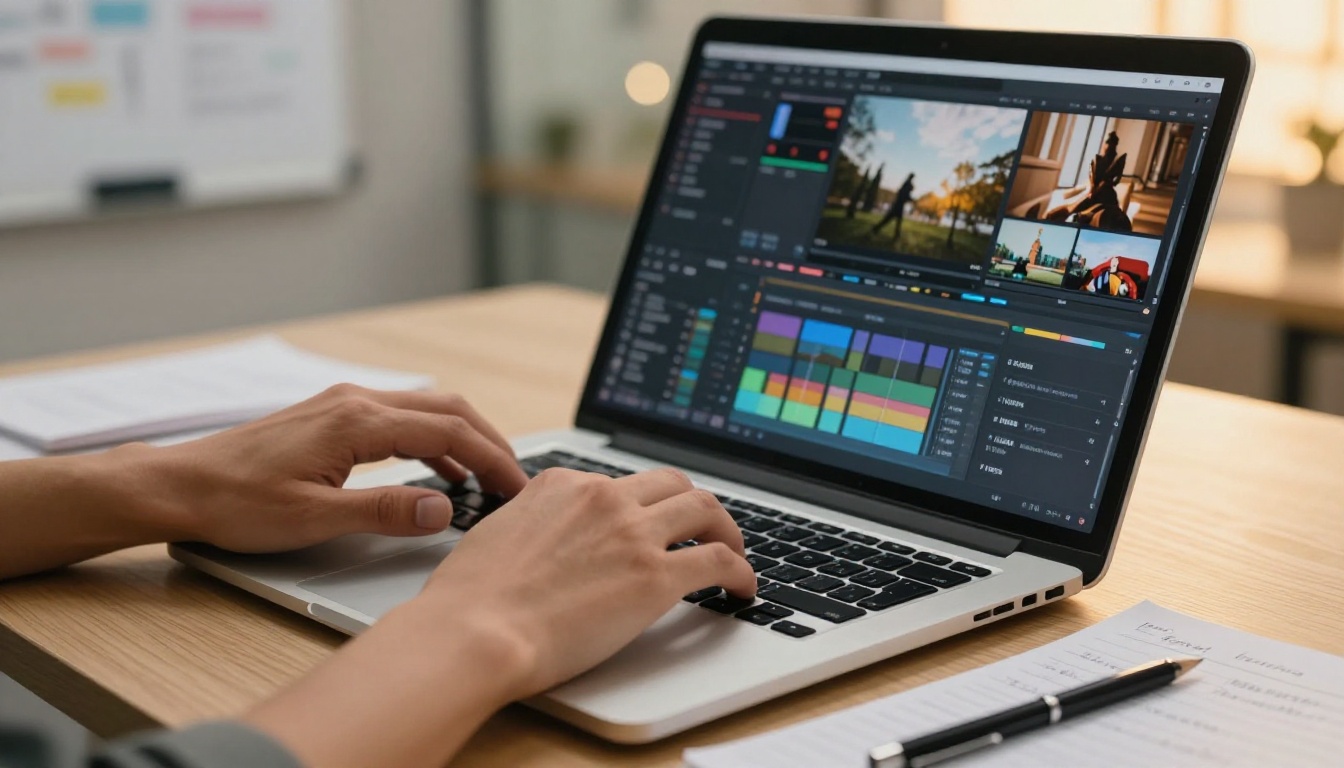 Creative director's hands typing on a laptop with a video editing timeline and ad creative on dual monitors Creative director's hands typing on a laptop with a video editing timeline and ad creative on dual monitors