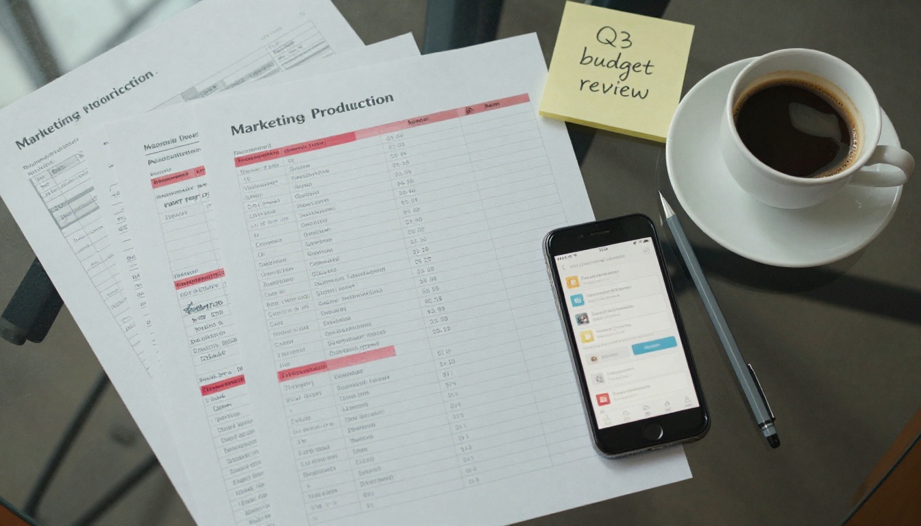 Overhead view of a marketing production budget spreadsheet with red cost overrun markers and sticky notes Overhead view of a marketing production budget spreadsheet with red cost overrun markers and sticky notes