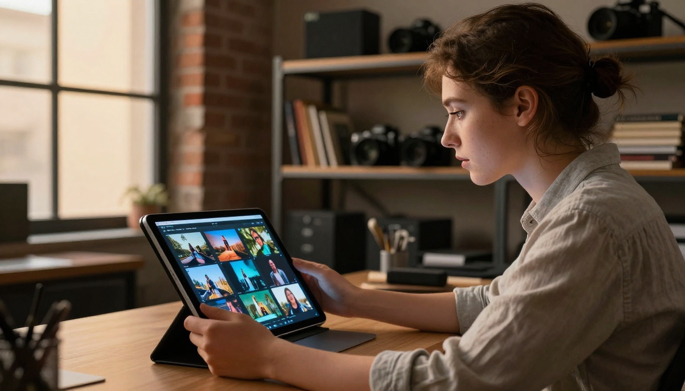Creative director reviewing AI-generated video frame thumbnails on an iPad in an open brick-walled studio Creative director reviewing AI-generated video frame thumbnails on an iPad in an open brick-walled studio