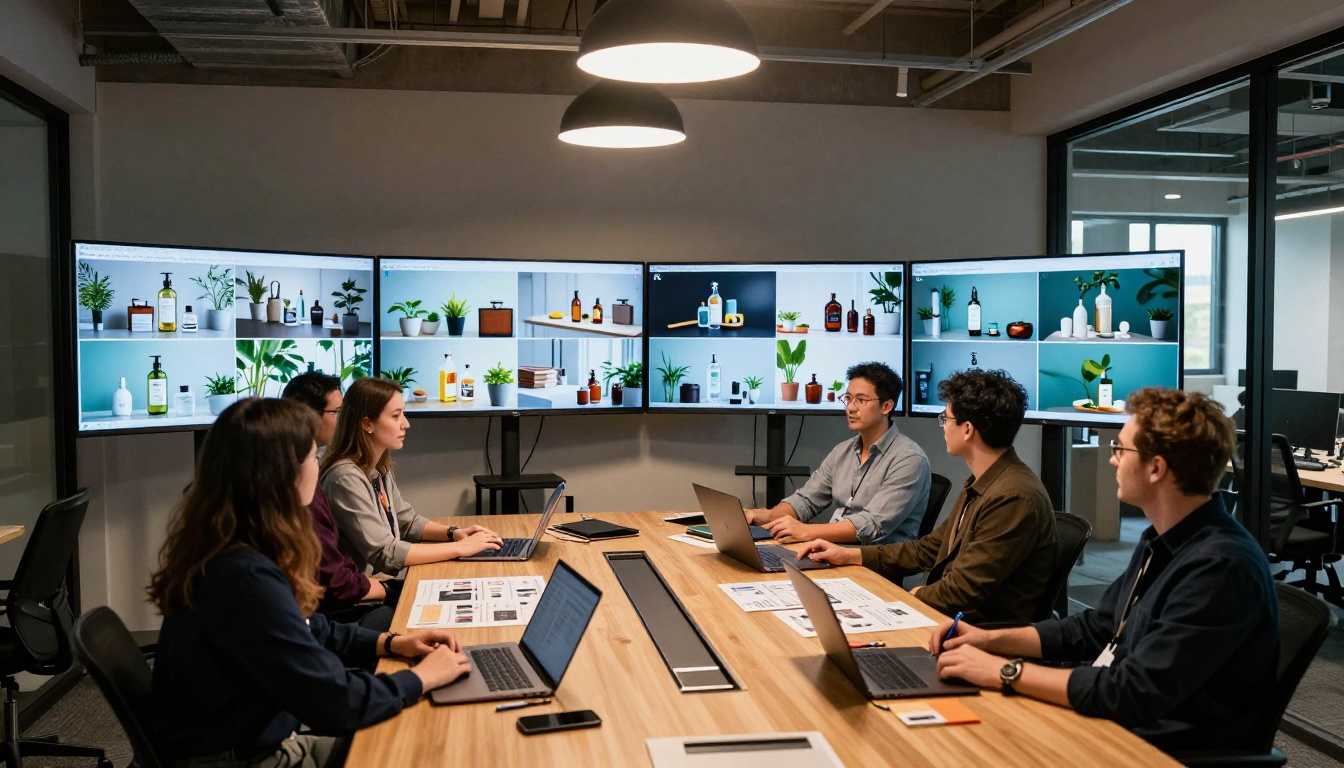 Creative agency campaign war room with four large monitors showing different video ad variations side by side Creative agency campaign war room with four large monitors showing different video ad variations side by side
