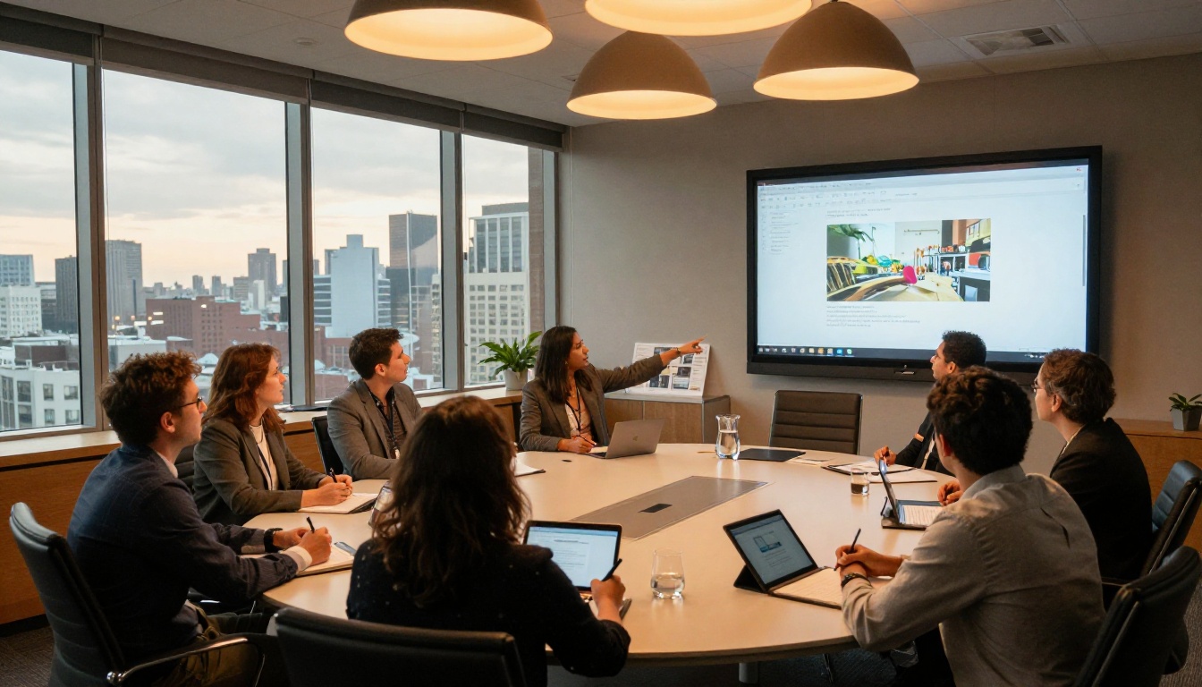 Marketing professionals reviewing video ad playback together on a large boardroom screen with city skyline Marketing professionals reviewing video ad playback together on a large boardroom screen with city skyline