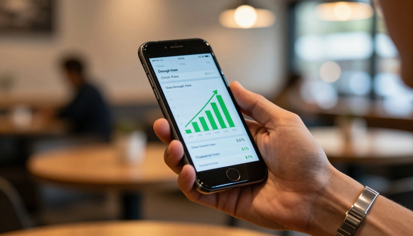 Hand holding a smartphone showing a social media analytics dashboard with video ad performance bar charts Hand holding a smartphone showing a social media analytics dashboard with video ad performance bar charts