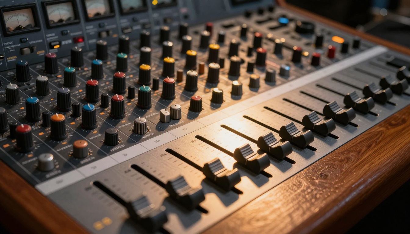 Professional audio mixing console with faders, VU meters, and burnished aluminum in broadcast studio Professional audio mixing console with faders, VU meters, and burnished aluminum in broadcast studio