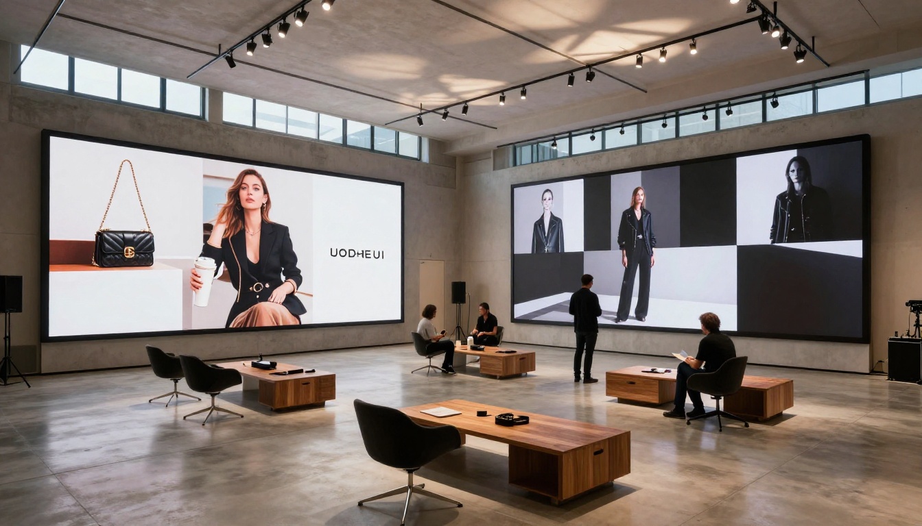 Wide interior view of a modern creative studio with large display walls showing full video campaign content Wide interior view of a modern creative studio with large display walls showing full video campaign content