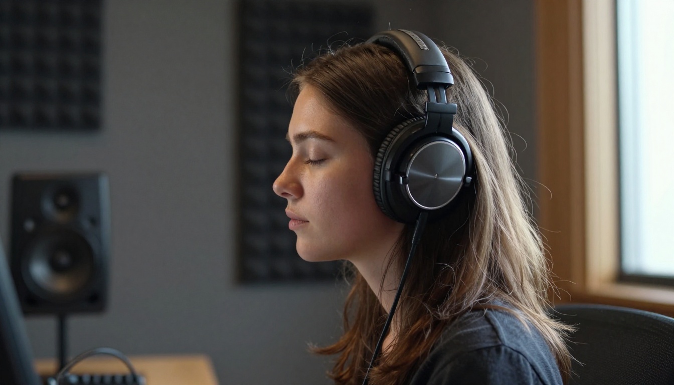 Side profile of a woman wearing studio monitor headphones in a dimly lit recording booth with acoustic foam panels Side profile of a woman wearing studio monitor headphones in a dimly lit recording booth with acoustic foam panels